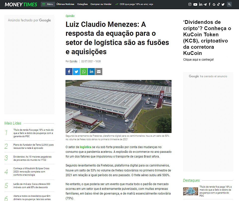 Luiz Claudio Menezes: A resposta da equao para o setor de logstica so as fuses e aquisies